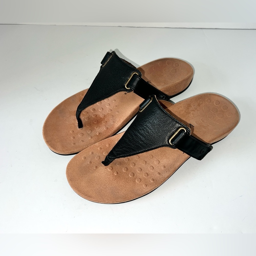 Vionic Wanda Black Leather T-Strap Flip Flop‎ Sandals Sz 9